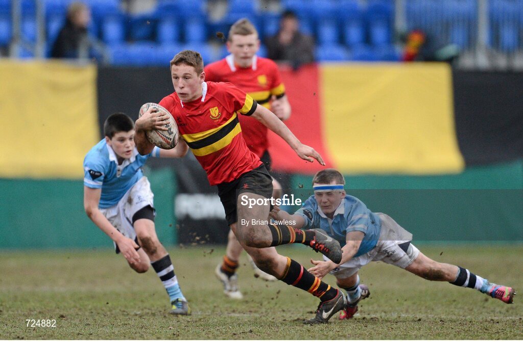 26 February 2013; Dan Casey, CBC Monkstown, is tackled by Tom Glynn and Harry Byrne, left, St. Michael’s College. Powerade Leinster Schools Junior Cup, Quarter-Final, St. Michael’s College v CBC Monkstown, Donnybrook Stadium, Donnybrook, Dublin. Picture credit: Brian Lawless / SPORTSFILE