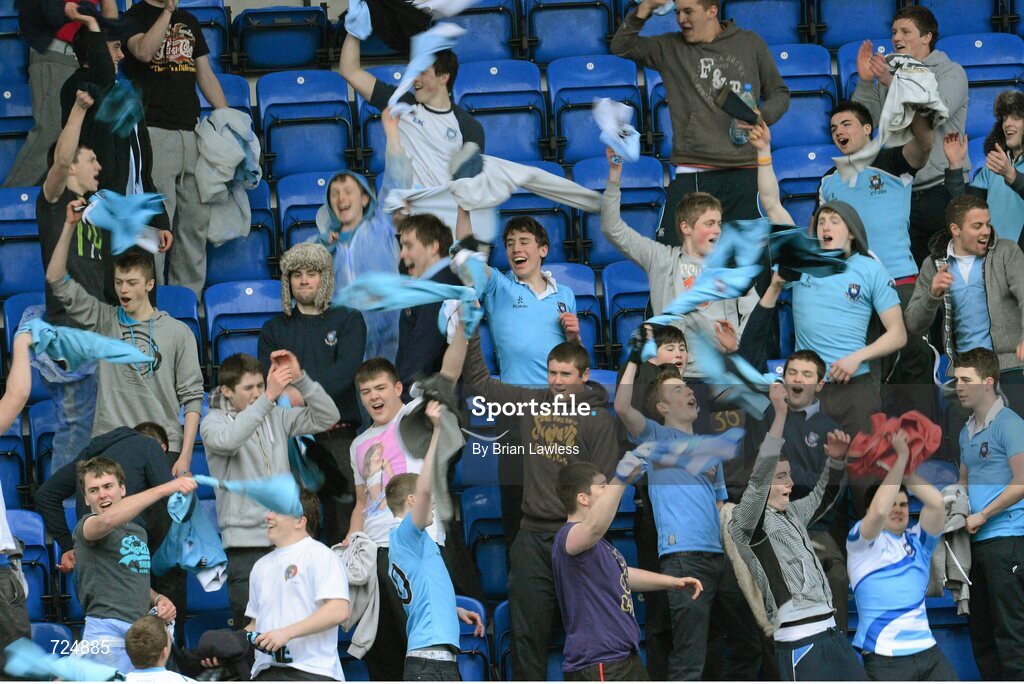26 February 2013; St. Michael’s College supporters celebrate after the match. Powerade Leinster Schools Junior Cup, Quarter-Final, St. Michael’s College v CBC Monkstown, Donnybrook Stadium, Donnybrook, Dublin. Picture credit: Brian Lawless / SPORTSFILE