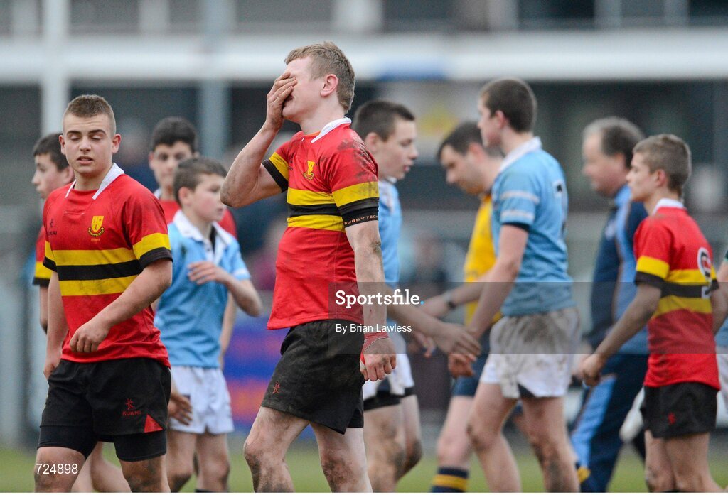 26 February 2013; William Fay, CBC Monkstown, shows his disappointment after the match. Powerade Leinster Schools Junior Cup, Quarter-Final, St. Michael’s College v CBC Monkstown, Donnybrook Stadium, Donnybrook, Dublin. Picture credit: Brian Lawless / SPORTSFILE