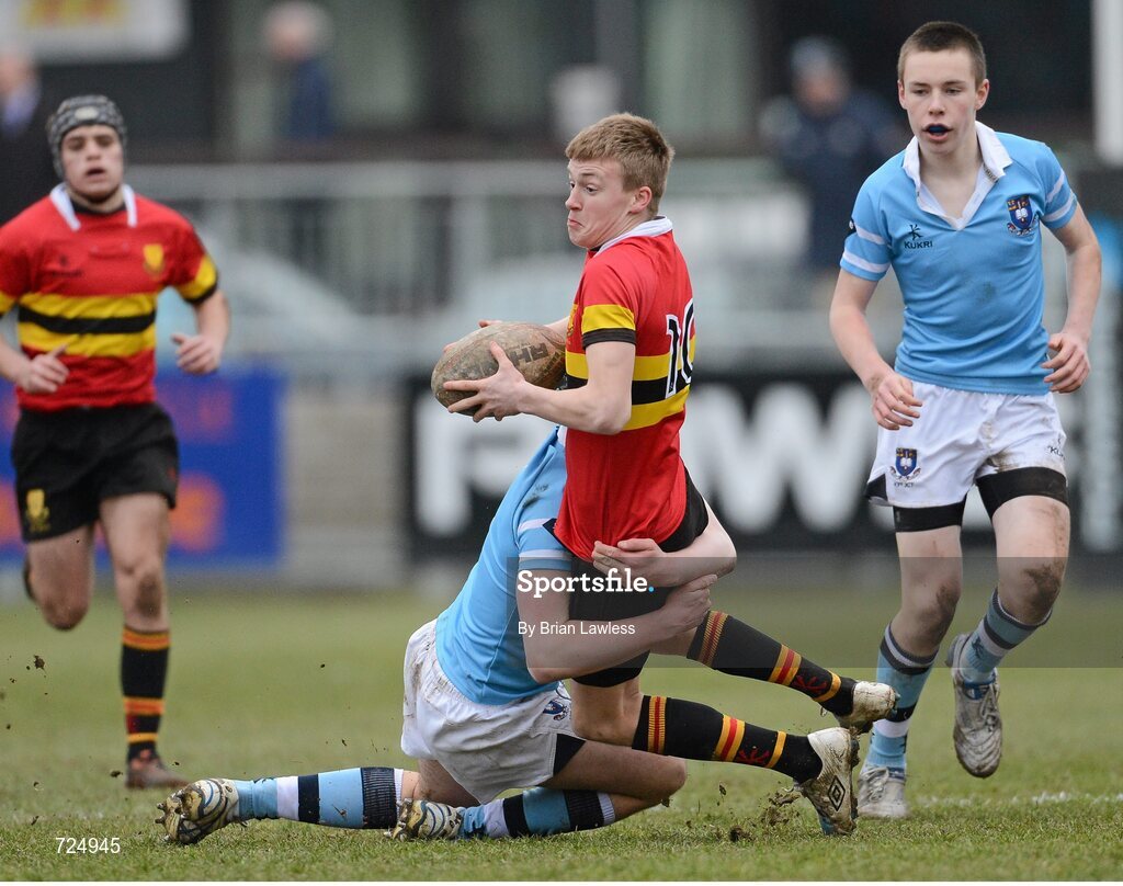26 February 2013; Darragh Spillane, CBC Monkstown, is tackled by Ronan Kelleher, St. Michael’s College. Powerade Leinster Schools Junior Cup, Quarter-Final, St. Michael’s College v CBC Monkstown, Donnybrook Stadium, Donnybrook, Dublin. Picture credit: Brian Lawless / SPORTSFILE