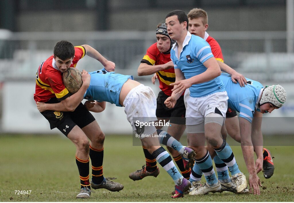 26 February 2013; Tom Kelly, CBC Monkstown, is tackled by Tom Glynn, St. Michael’s College. Powerade Leinster Schools Junior Cup, Quarter-Final, St. Michael’s College v CBC Monkstown, Donnybrook Stadium, Donnybrook, Dublin. Picture credit: Brian Lawless / SPORTSFILE