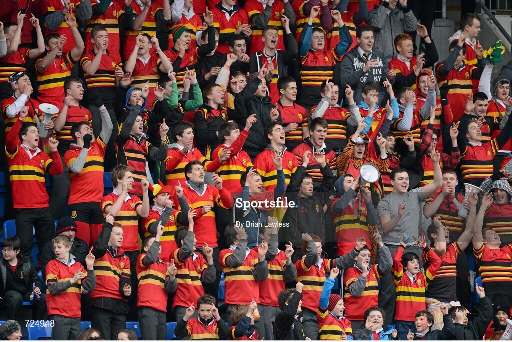 26 February 2013; CBC Monkstown supporters cheer on their side. Powerade Leinster Schools Junior Cup, Quarter-Final, St. Michael’s College v CBC Monkstown, Donnybrook Stadium, Donnybrook, Dublin. Picture credit: Brian Lawless / SPORTSFILE