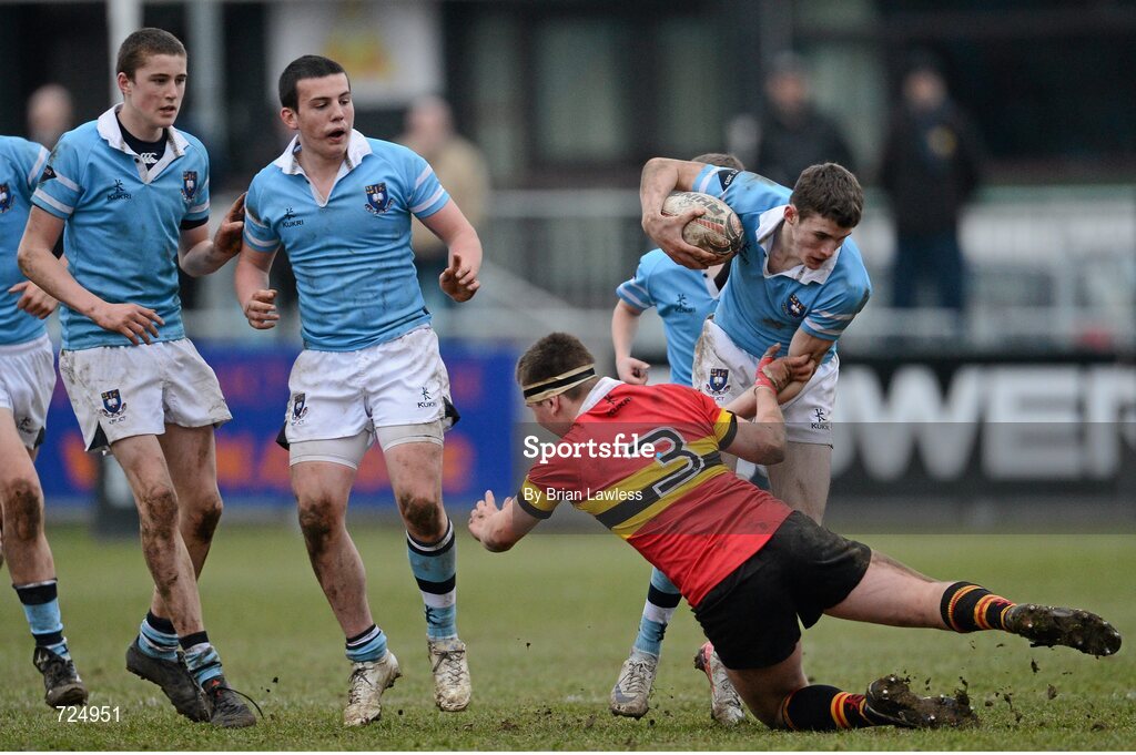 26 February 2013; Jack Kelly, St. Michael’s College, is tackled by Eoghan Clarke, CBC Monkstown. Powerade Leinster Schools Junior Cup, Quarter-Final, St. Michael’s College v CBC Monkstown, Donnybrook Stadium, Donnybrook, Dublin. Picture credit: Brian Lawless / SPORTSFILE