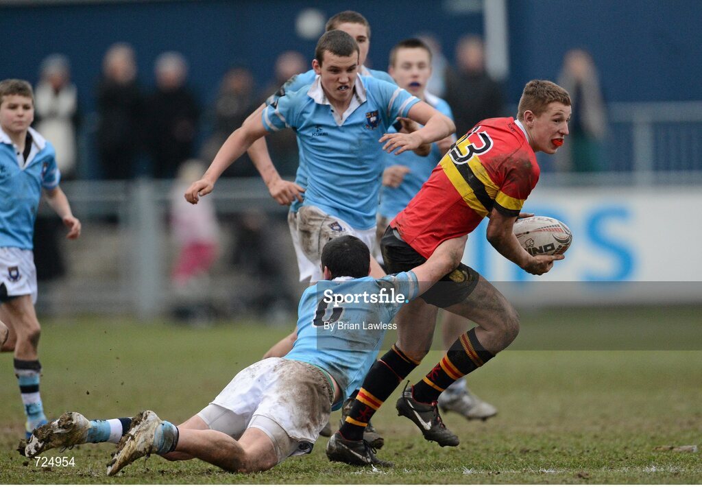 26 February 2013; Dan Casey, CBC Monkstown, is tackled by Robert Duffy, St. Michael’s College. Powerade Leinster Schools Junior Cup, Quarter-Final, St. Michael’s College v CBC Monkstown, Donnybrook Stadium, Donnybrook, Dublin. Picture credit: Brian Lawless / SPORTSFILE
