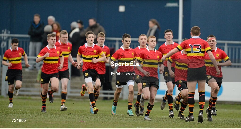 26 February 2013; The CBC Monkstown team make their way out for the start of the match. Powerade Leinster Schools Junior Cup, Quarter-Final, St. Michael’s College v CBC Monkstown, Donnybrook Stadium, Donnybrook, Dublin. Picture credit: Brian Lawless / SPORTSFILE