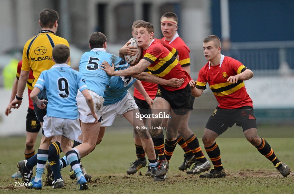 26 February 2013; Thomas O'Callaghan, CBC Monkstown, is tackled by Milo O'Donahoe, St. Michael’s College. Powerade Leinster Schools Junior Cup, Quarter-Final, St. Michael’s College v CBC Monkstown, Donnybrook Stadium, Donnybrook, Dublin. Picture credit: Brian Lawless / SPORTSFILE