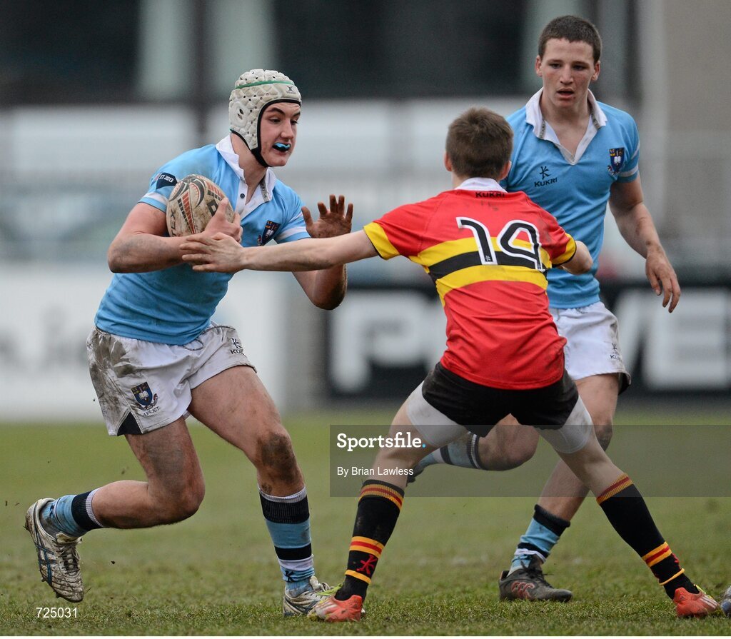 26 February 2013; Ronan Kelleher, St. Michael’s College, is tackled by Darragh Porter, CBC Monkstown. Powerade Leinster Schools Junior Cup, Quarter-Final, St. Michael’s College v CBC Monkstown, Donnybrook Stadium, Donnybrook, Dublin. Picture credit: Brian Lawless / SPORTSFILE