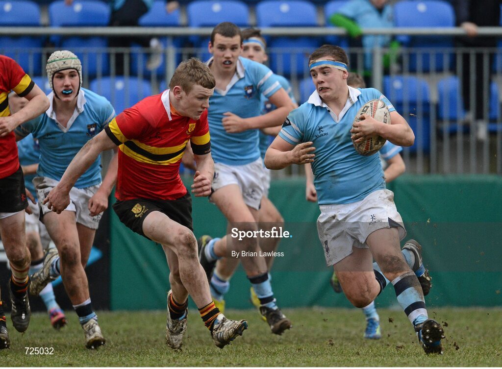 26 February 2013; Sam Griffen, St. Michael’s College, in action against William Fay, CBC Monkstown. Powerade Leinster Schools Junior Cup, Quarter-Final, St. Michael’s College v CBC Monkstown, Donnybrook Stadium, Donnybrook, Dublin. Picture credit: Brian Lawless / SPORTSFILE