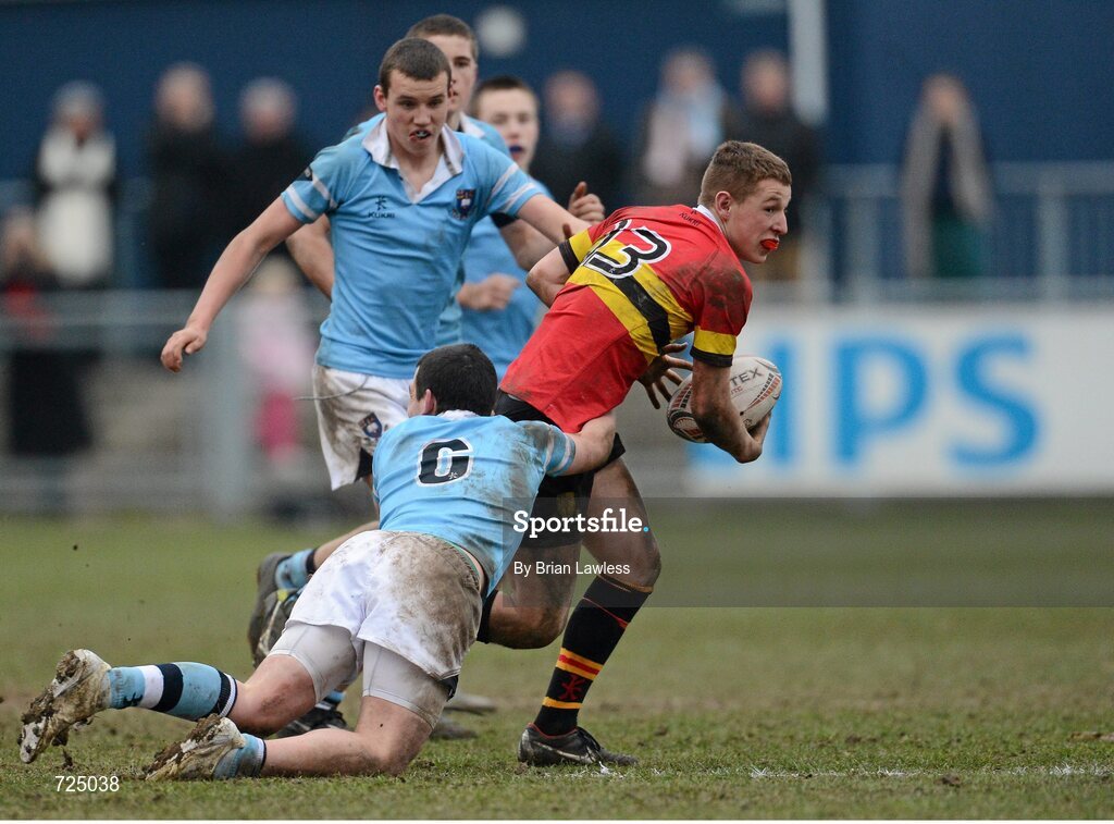 26 February 2013; Dan Casey, CBC Monkstown, is tackled by Robert Duffy, St. Michael’s College. Powerade Leinster Schools Junior Cup, Quarter-Final, St. Michael’s College v CBC Monkstown, Donnybrook Stadium, Donnybrook, Dublin. Picture credit: Brian Lawless / SPORTSFILE