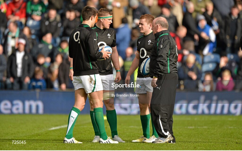 24 February 2013; Ireland players, from left, Conor Murray, Jamie Heaslip, Paddy Jackson and Declan Kidney in conversation before the game. RBS Six Nations Rugby Championship, Scotland v Ireland, Murrayfield Stadium, Edinburgh, Scotland. Picture credit: Brendan Moran / SPORTSFILE