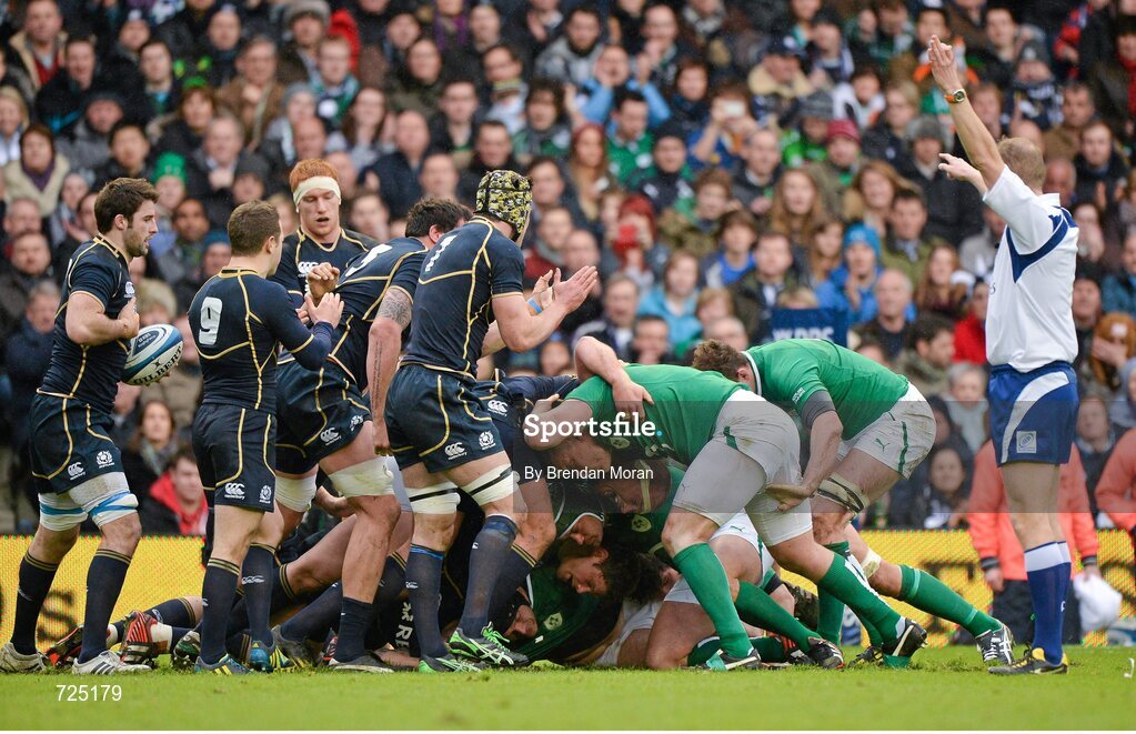 24 February 2013; Referee Wayne Barnes awards a penalty against Ireland after a scrum. RBS Six Nations Rugby Championship, Scotland v Ireland, Murrayfield Stadium, Edinburgh, Scotland. Picture credit: Brendan Moran / SPORTSFILE