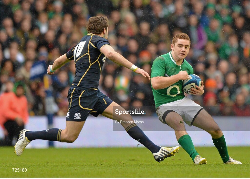 24 February 2013; Paddy Jackson, Ireland, is tackled by Ruaridh Jackson, Scotland. RBS Six Nations Rugby Championship, Scotland v Ireland, Murrayfield Stadium, Edinburgh, Scotland. Picture credit: Brendan Moran / SPORTSFILE