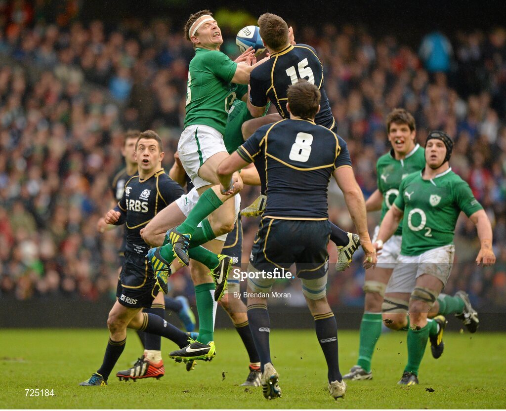 24 February 2013; Brian O'Driscoll, Ireland, contests possession with Stuart Hogg, Scotland. RBS Six Nations Rugby Championship, Scotland v Ireland, Murrayfield Stadium, Edinburgh, Scotland. Picture credit: Brendan Moran / SPORTSFILE