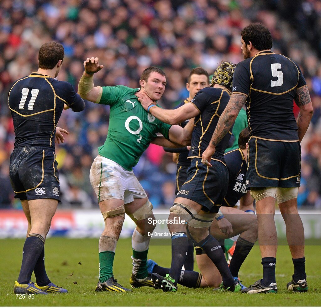 24 February 2013; Peter O'Mahony, Ireland, is held by Kelly Brown, Scotland. RBS Six Nations Rugby Championship, Scotland v Ireland, Murrayfield Stadium, Edinburgh, Scotland. Picture credit: Brendan Moran / SPORTSFILE