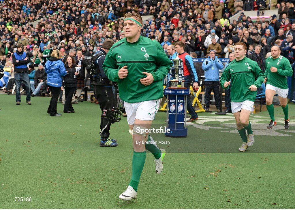 24 February 2013; Ireland captain Jamie Heaslip leads his side out, followed by Paddy Jackson and Rory Best, before the game. RBS Six Nations Rugby Championship, Scotland v Ireland, Murrayfield Stadium, Edinburgh, Scotland. Picture credit: Brendan Moran / SPORTSFILE