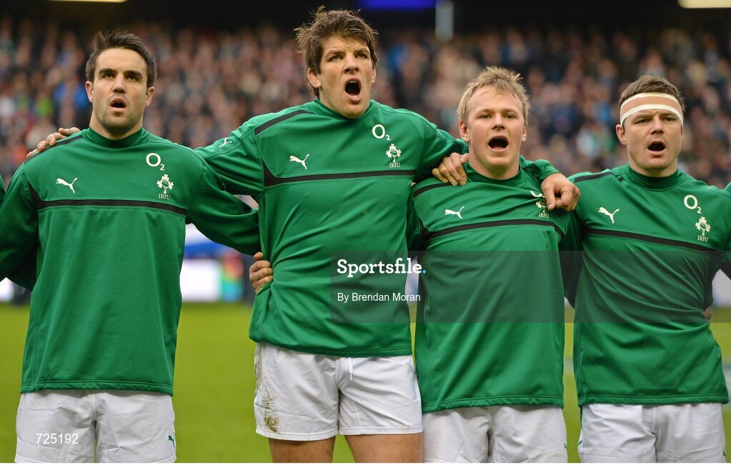 24 February 2013; Ireland players, from left, Conor Muray, Donncha O'Callaghan, Luke Marshall and Brian O'Driscoll stand for the National Anthem before the game. RBS Six Nations Rugby Championship, Scotland v Ireland, Murrayfield Stadium, Edinburgh, Scotland. Picture credit: Brendan Moran / SPORTSFILE