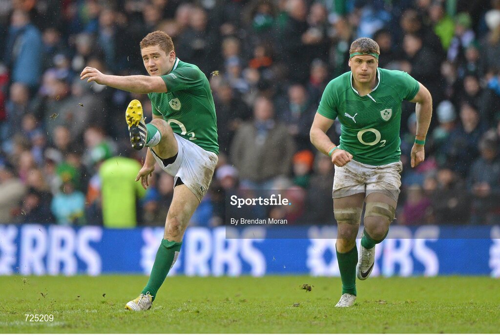 24 February 2013; Paddy Jackson, left, and Jamie Heaslip, Ireland. RBS Six Nations Rugby Championship, Scotland v Ireland, Murrayfield Stadium, Edinburgh, Scotland. Picture credit: Brendan Moran / SPORTSFILE