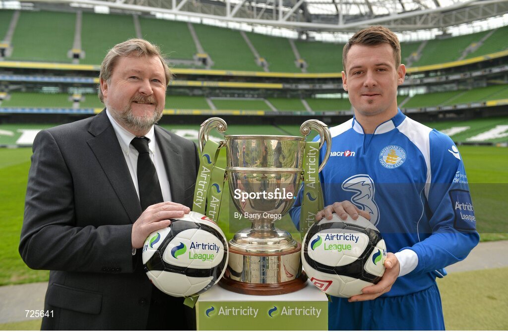 1 March 2013; Ken Barry, Sponsorship Manager Airtricity, left, and John Frost, Waterford United, in attendance at the Airtricity League launch 2013. Aviva Stadium, Lansdowne Road, Dublin. Picture credit: Barry Cregg / SPORTSFILE