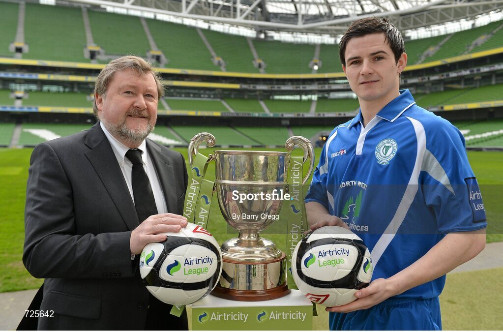 1 March 2013; Ken Barry, Sponsorship Manager Airtricity, left, and Ciaran Coll, Finn Harps, in attendance at the Airtricity League launch 2013. Aviva Stadium, Lansdowne Road, Dublin. Picture credit: Barry Cregg / SPORTSFILE