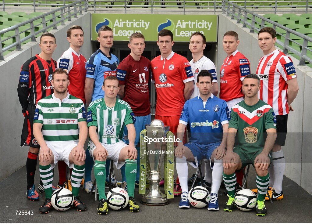 1 March 2013; Players, back row, from left to right, Keith Buckley, Bohemians, Ger O'Brien, St. Patrick's Athletic, Michael Leahy, UCD, Eric Foley, Drogheda United, Aaron Greene, Sligo Rovers, Stephen O'Donnell, Dundalk, Glenn Cronin, Shelbourne, and Kevin Deery, Derry City. Front row, from left to right, Pat Sullivan, Shamrock Rovers, Dean Zambra, Bray Wanderers, Stephen Bradley, Limerick FC, and Danny Murphy, Cork City, in attendance at the Airtricity League launch 2013. Aviva Stadium, Lansdowne Road, Dublin. Picture credit: David Maher / SPORTSFILE