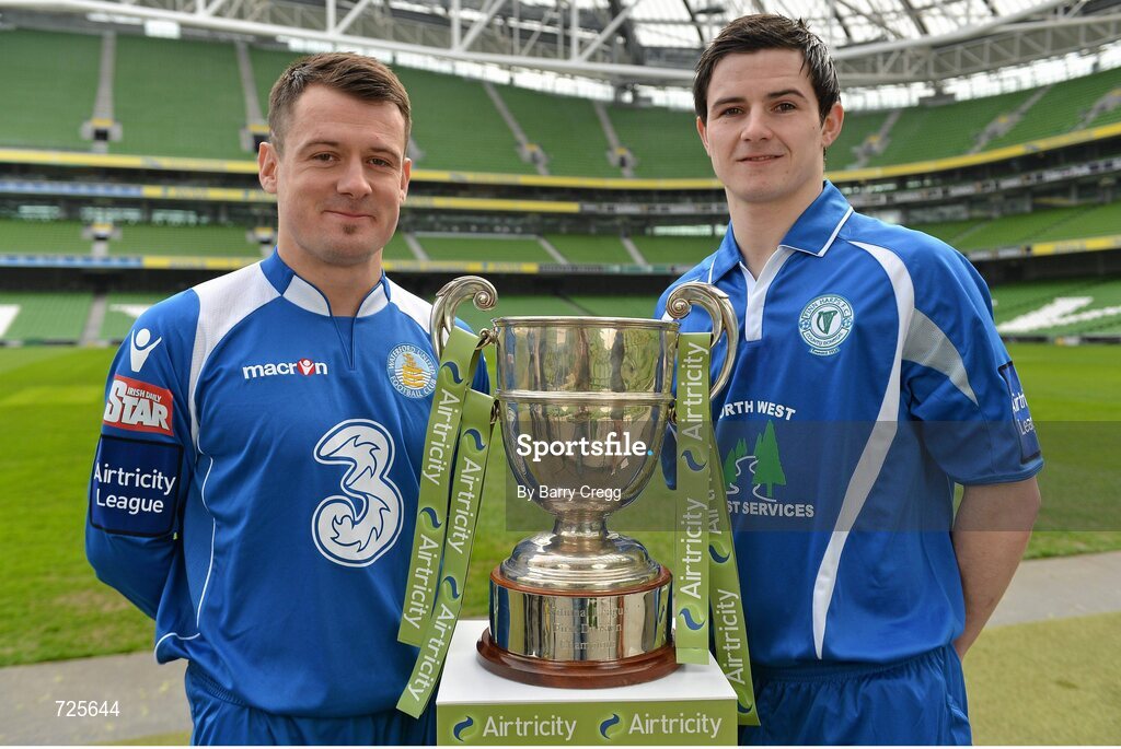 1 March 2013; John Frost, left, Waterford Untied, and Ciaran Coll, Finn Harps, in attendance at the Airtricity League launch 2013. Aviva Stadium, Lansdowne Road, Dublin. Picture credit: Barry Cregg / SPORTSFILE