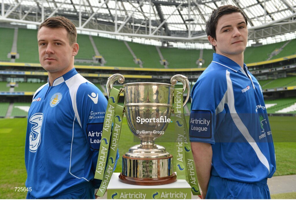 1 March 2013; John Frost, left, Waterford Untied, and Ciaran Coll, Finn Harps, in attendance at the Airtricity League launch 2013. Aviva Stadium, Lansdowne Road, Dublin. Picture credit: Barry Cregg / SPORTSFILE