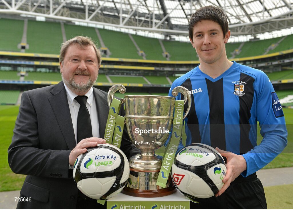 1 March 2013; Ken Barry, Sponsorship Manager Airtricity, left, and Aidan Collins, Athlone Town, in attendance at the Airtricity League launch 2013. Aviva Stadium, Lansdowne Road, Dublin. Picture credit: Barry Cregg / SPORTSFILE
