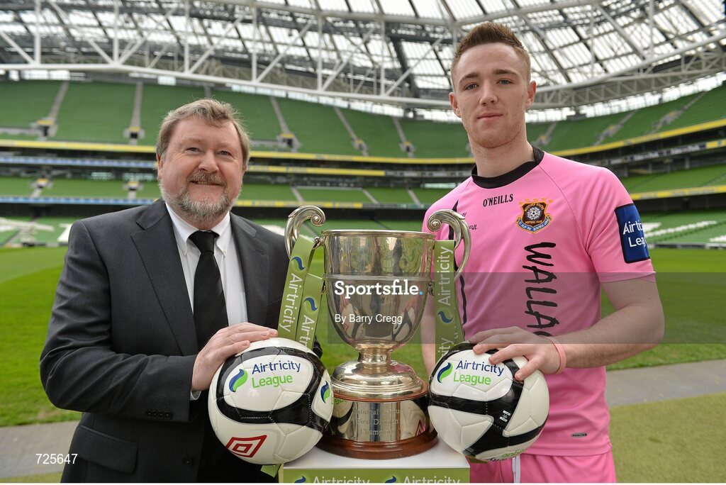 1 March 2013; Ken Barry, Sponsorship Manager Airtricity, left, and Dean Broaders, Wexford Youths, in attendance at the Airtricity League launch 2013. Aviva Stadium, Lansdowne Road, Dublin. Picture credit: Barry Cregg / SPORTSFILE