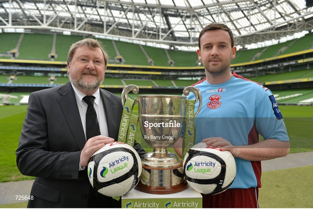 1 March 2013; Ken Barry, Sponsorship Manager Airtricity, left, and John Meade, Cobh Ramblers, in attendance at the Airtricity League launch 2013. Aviva Stadium, Lansdowne Road, Dublin. Picture credit: Barry Cregg / SPORTSFILE