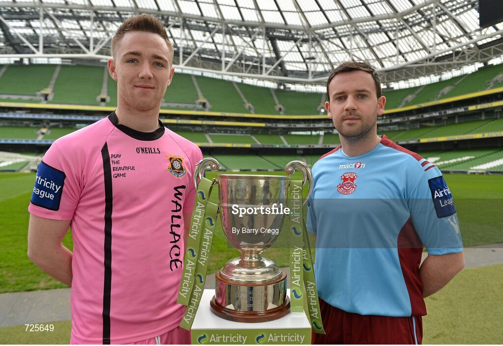 1 March 2013; Dean Broaders, left, Wexford Youths, and John Meade, Cobh Ramblers, in attendance at the Airtricity League launch 2013. Aviva Stadium, Lansdowne Road, Dublin. Picture credit: Barry Cregg / SPORTSFILE