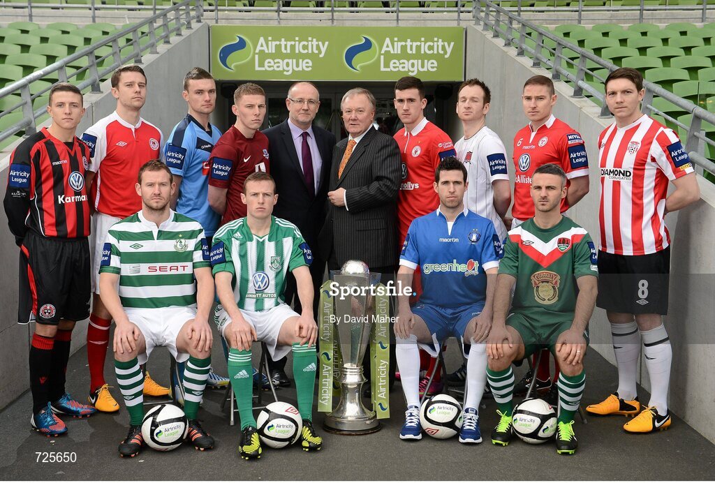 1 March 2013; Fran Gavin, fifth from left, Airtricity League Director, and Paul O'Shaughnessy, Head of Sales Airtricity, with players back row, from left to right, Keith Buckley, Bohemians, Ger O'Brien, St. Patrick's Athletic, Michael Leahy, UCD, Eric Foley, Drogheda United, Aaron Greene, Sligo Rovers, Stephen O'Donnell, Dundalk, Glenn Cronin, Shelbourne and Kevin Deery, Derry City. Front row, from left to right, Pat Sullivan, Shamrock Rovers, Dean Zambra, Bray Wanderers, Stephen Bradley, Limerick FC, and Danny Murphy, Cork City, in attendance at the Airtricity League launch 2013. Aviva Stadium, Lansdowne Road, Dublin. Picture credit: David Maher / SPORTSFILE