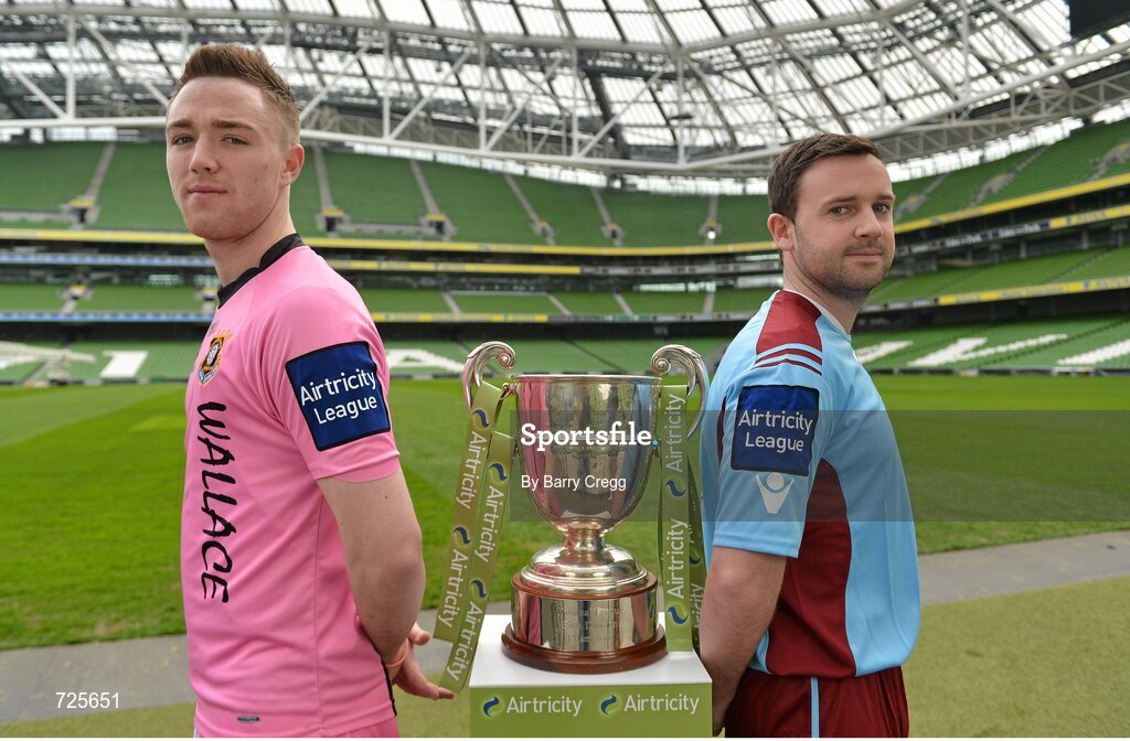 1 March 2013; Dean Broaders, left, Wexford Youths, and John Meade, Cobh Ramblers, in attendance at the Airtricity League launch 2013. Aviva Stadium, Lansdowne Road, Dublin. Picture credit: Barry Cregg / SPORTSFILE