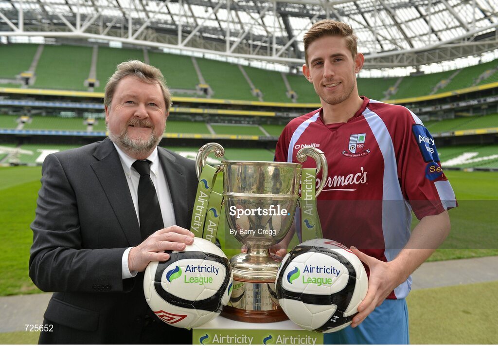 1 March 2013; Ken Barry, Sponsorship Manager Airtricity, left, and Michael McSweeney, Mervue United, in attendance at the Airtricity League launch 2013. Aviva Stadium, Lansdowne Road, Dublin. Picture credit: Barry Cregg / SPORTSFILE