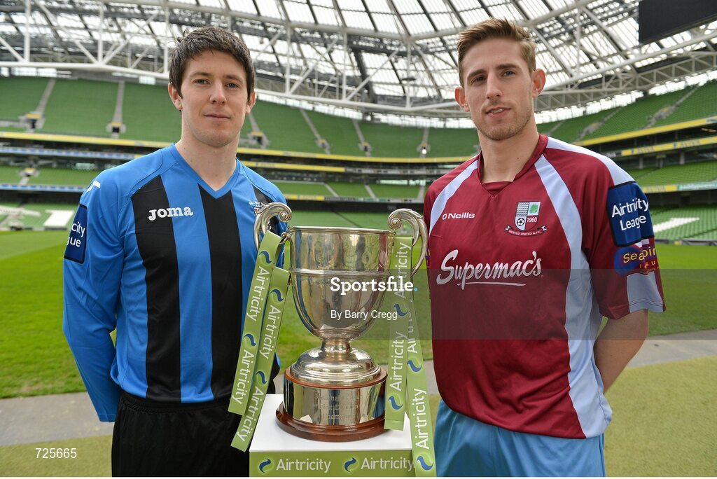 1 March 2013; Aidan Collins, left, Athlone Town, and Michael McSweeney, Mervue United, in attendance at the Airtricity League launch 2013. Aviva Stadium, Lansdowne Road, Dublin. Picture credit: Barry Cregg / SPORTSFILE