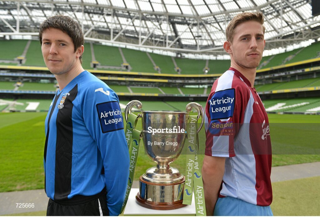 1 March 2013; Aidan Collins, left, Athlone Town, and Michael McSweeney, Mervue United, in attendance at the Airtricity League launch 2013. Aviva Stadium, Lansdowne Road, Dublin. Picture credit: Barry Cregg / SPORTSFILE