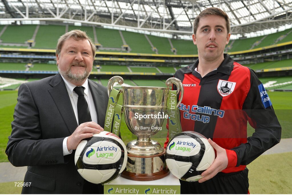 1 March 2013; Ken Barry, Sponsorship Manager Airtricity, left, and Mark Salmon, Longford Town, in attendance at the Airtricity League launch 2013. Aviva Stadium, Lansdowne Road, Dublin. Picture credit: Barry Cregg / SPORTSFILE