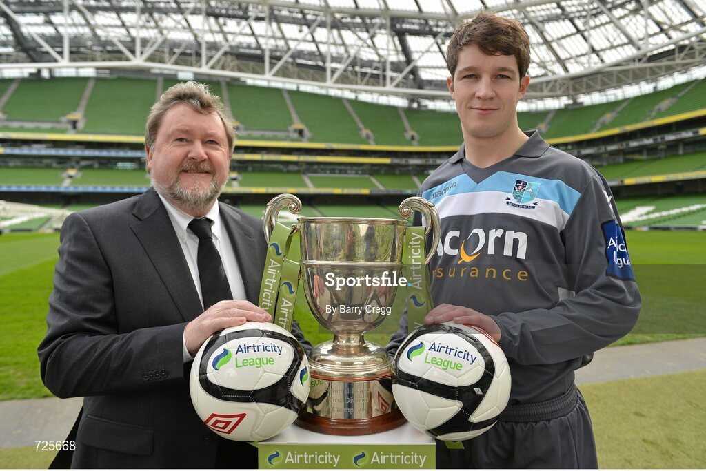 1 March 2013; Ken Barry, Sponsorship Manager Airtricity, left, and Paddy Quinlan, Salthill Devon, in attendance at the Airtricity League launch 2013. Aviva Stadium, Lansdowne Road, Dublin. Picture credit: Barry Cregg / SPORTSFILE