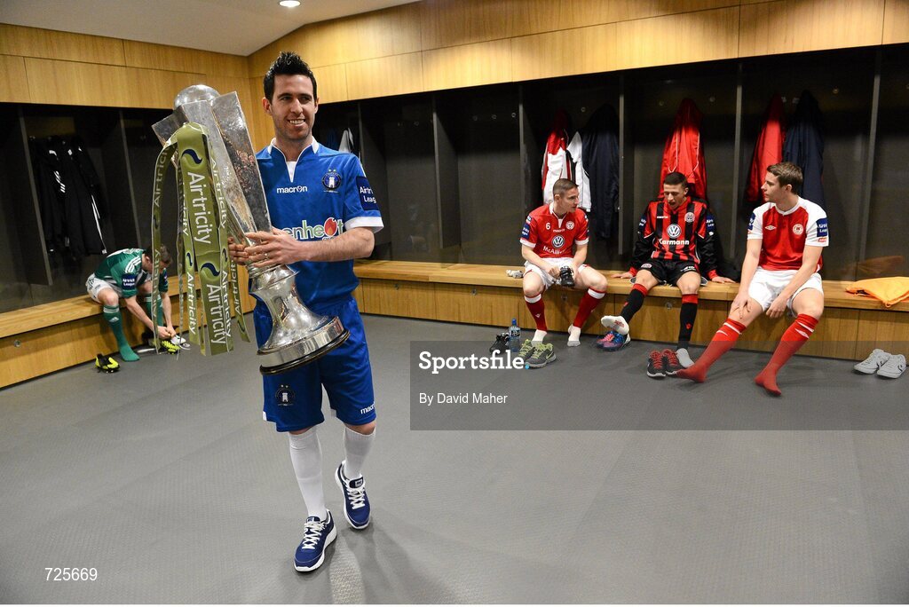 1 March 2013; Stephen Bradley, left, Limerick FC, with players, from left to right, Glenn Cronin, Shelbourne, Keith Buckley, Bohemians, and Ger O'Brien, St. Patrick's Athletic, in attendance at the Airtricity League launch 2013. Aviva Stadium, Lansdowne Road, Dublin. Picture credit: David Maher / SPORTSFILE