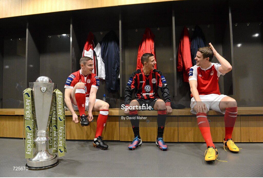 1 March 2013; Players, from left to right, Glenn Cronin, Shelbourne, Keith Buckley, Bohemians, and Ger O'Brien, St. Patrick's Athletic, in attendance at the Airtricity League launch 2013. Aviva Stadium, Lansdowne Road, Dublin. Picture credit: David Maher / SPORTSFILE