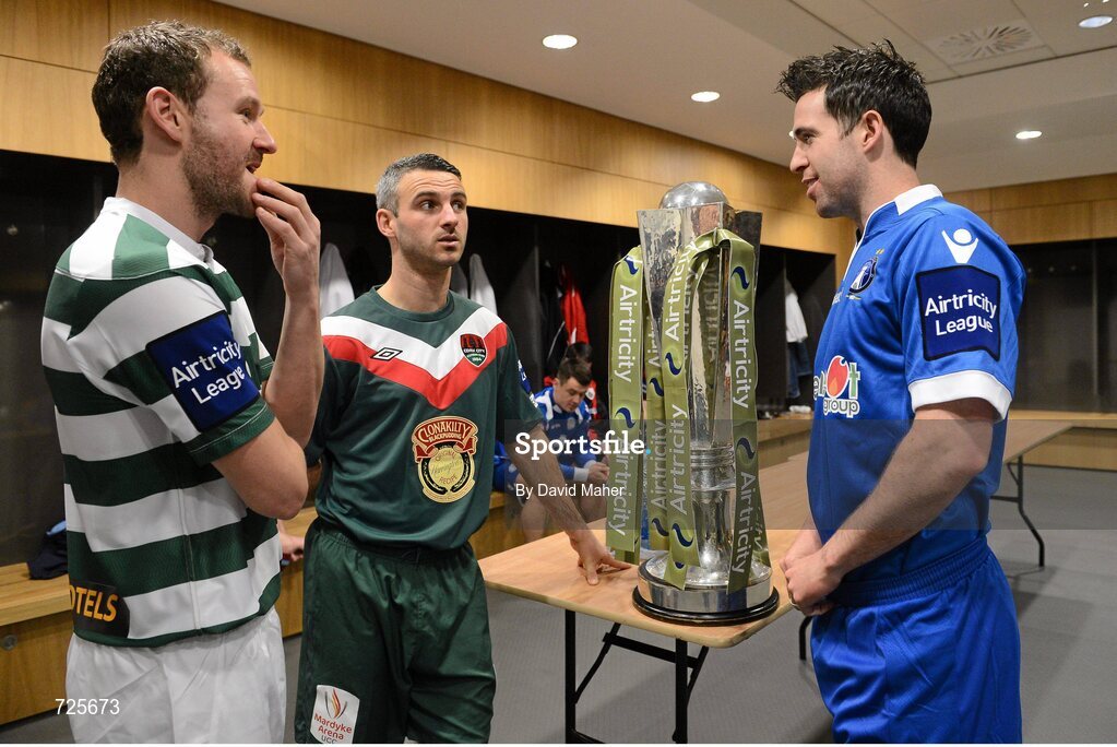 1 March 2013; Players, from left to right, Pat Sullivan, Shamrock Rovers, Danny Murphy, Cork City, and Stephen Bradley, Limerick FC, in attendance at the Airtricity League launch 2013. Aviva Stadium, Lansdowne Road, Dublin. Picture credit: David Maher / SPORTSFILE