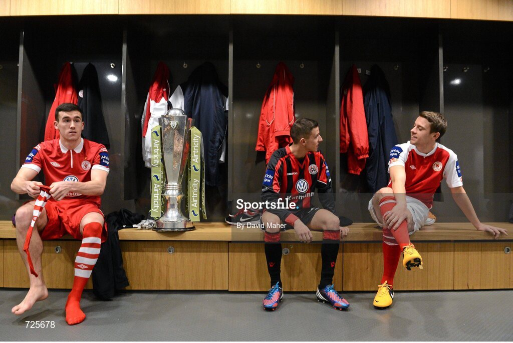 1 March 2013; Players, from left to right, Aaron Greene, Sligo Rovers, Keith Buckley, Bohemians, and Ger O'Brien, St. Patrick's Athletic, in attendance at the Airtricity League launch 2013. Aviva Stadium, Lansdowne Road, Dublin. Picture credit: David Maher / SPORTSFILE