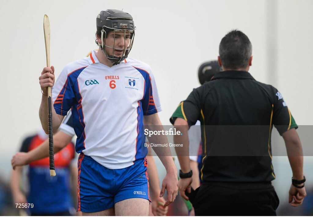 1 March 2013; Declan Hannon, Mary Immaculate College, Limerick, with referee James McGrath, before being shown a straight red card. Irish Daily Mail Fitzgibbon Cup Semi-Final, Waterford Institute of Technology v Mary Immaculate College, Limerick, Carnmore GAA Club, Carnmore, Co. Galway. Picture credit: Diarmuid Greene / SPORTSFILE