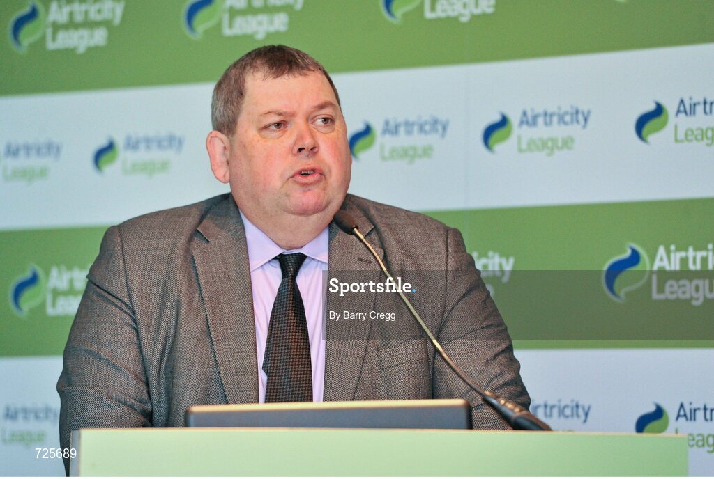 1 March 2013; Eamon Naughton, Chairman of the Airtricty League, speaking to the media at the Airtricity League launch 2013. Aviva Stadium, Lansdowne Road, Dublin. Picture credit: Barry Cregg / SPORTSFILE