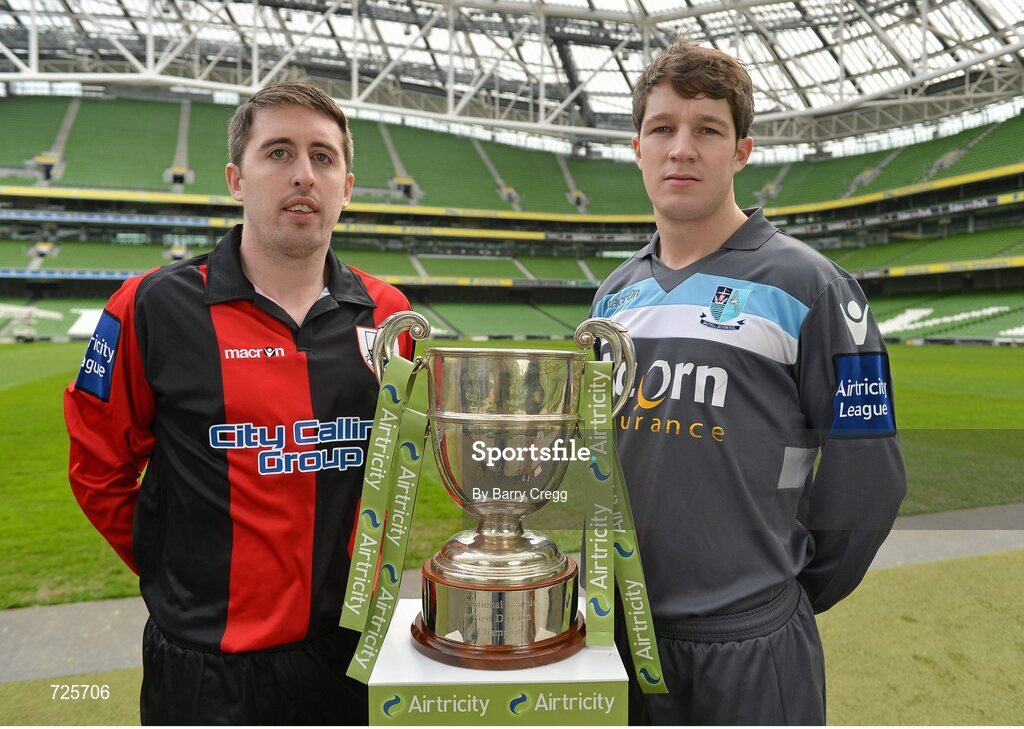 1 March 2013; Mark Salmon, left, Longford Town, and Paddy Quinlan, Salthill Devon, in attendance at the Airtricity League launch 2013. Aviva Stadium, Lansdowne Road, Dublin. Picture credit: Barry Cregg / SPORTSFILE