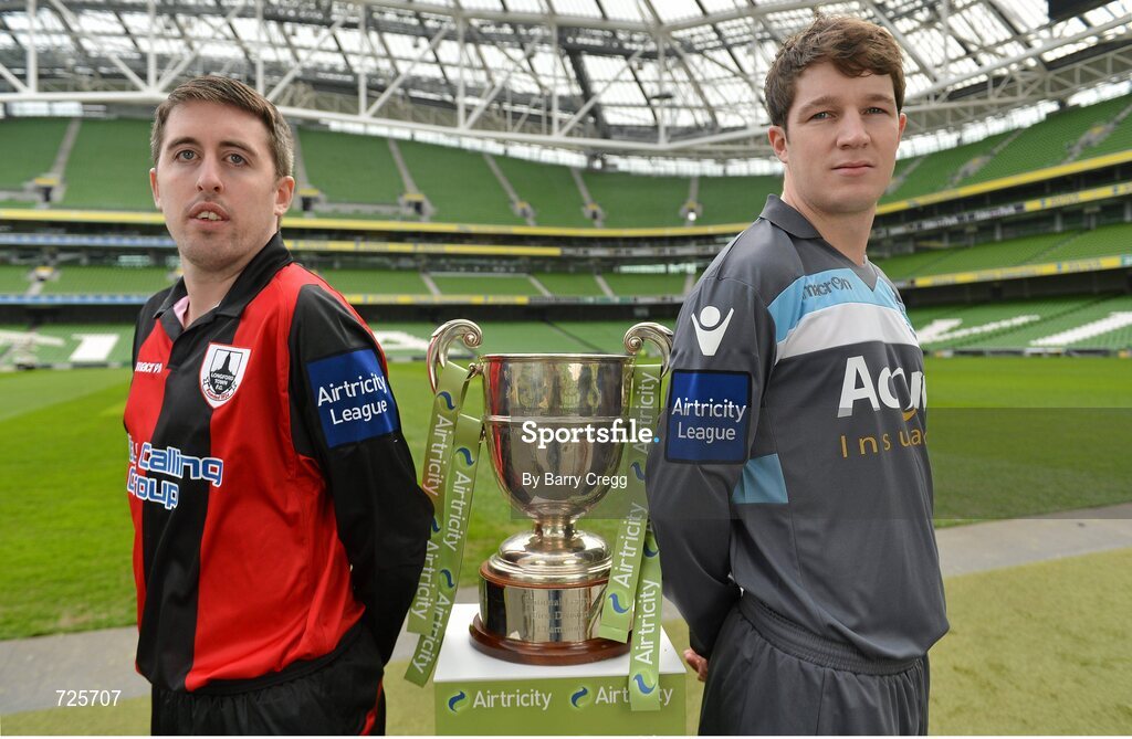 1 March 2013; Mark Salmon, left, Longford Town, and Paddy Quinlan, Salthill Devon, in attendance at the Airtricity League launch 2013. Aviva Stadium, Lansdowne Road, Dublin. Picture credit: Barry Cregg / SPORTSFILE