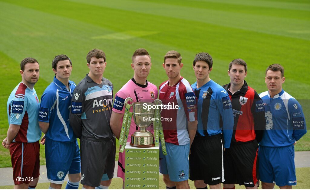 1 March 2013; Players representing each club in the Airtricity First Division, from left to right, John Meade, Cobh Ramblers, Ciaran Coll, Finn Harps, Paddy Quinlan, Salthill Devon, Dean Broaders, Wexford Youths, Michael McSweeney, Mervue United, Aidan Collins, Athlone Town, Mark Salmon, Longford Town, and John Frost, Waterford Untied, in attendance at the Airtricity League launch 2013. Aviva Stadium, Lansdowne Road, Dublin. Picture credit: Barry Cregg / SPORTSFILE