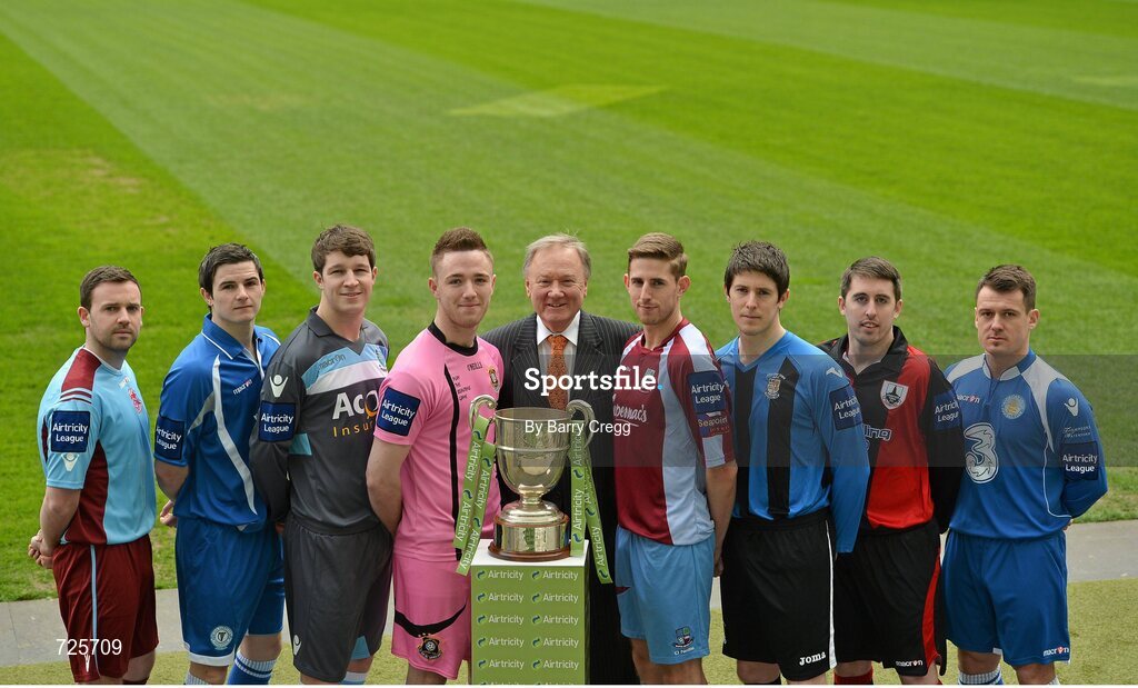 1 March 2013; Players representing each club in the Airtricity First Division, from left to right, John Meade, Cobh Ramblers, Ciaran Coll, Finn Harps, Paddy Quinlan, Salthill Devon, Dean Broaders, Wexford Youths, Michael McSweeney, Mervue United, Aidan Collins, Athlone Town, Mark Salmon, Longford Town, and John Frost, Waterford Untied, with Paul O'Shaughnessy, Head of Sales Airtricity, in attendance at the Airtricity League launch 2013. Aviva Stadium, Lansdowne Road, Dublin. Picture credit: Barry Cregg / SPORTSFILE