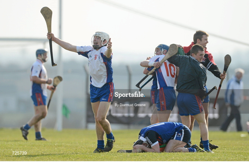 1 March 2013; Niall O'Meara, Mary Immaculate College, Limerick, celebrates victory as Michael Sheedy, Waterford Institute of Technology, shows his disappointment after the game. Irish Daily Mail Fitzgibbon Cup Semi-Final, Waterford Institute of Technology v Mary Immaculate College, Limerick, Carnmore GAA Club, Carnmore, Co. Galway. Picture credit: Diarmuid Greene / SPORTSFILE