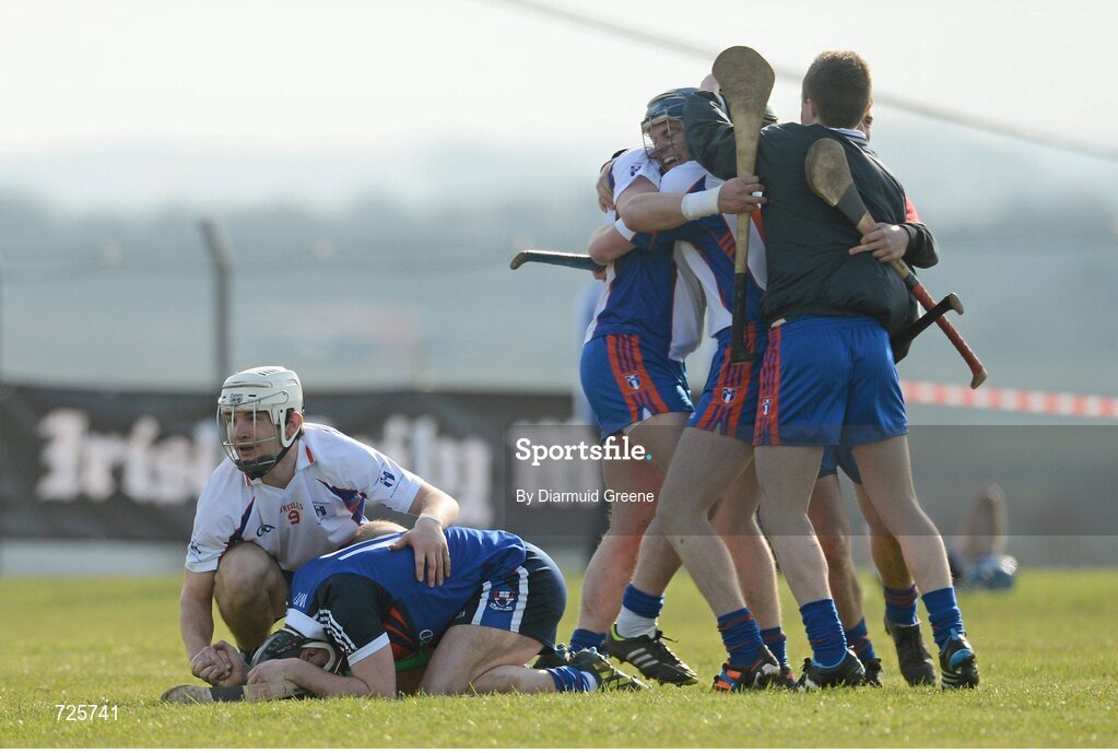1 March 2013; Jake Dillon, Waterford Institute of Technology, is consoled by Niall O'Meara, Mary Immaculate College, Limerick, after the game. Irish Daily Mail Fitzgibbon Cup Semi-Final, Waterford Institute of Technology v Mary Immaculate College, Limerick, Carnmore GAA Club, Carnmore, Co. Galway. Picture credit: Diarmuid Greene / SPORTSFILE