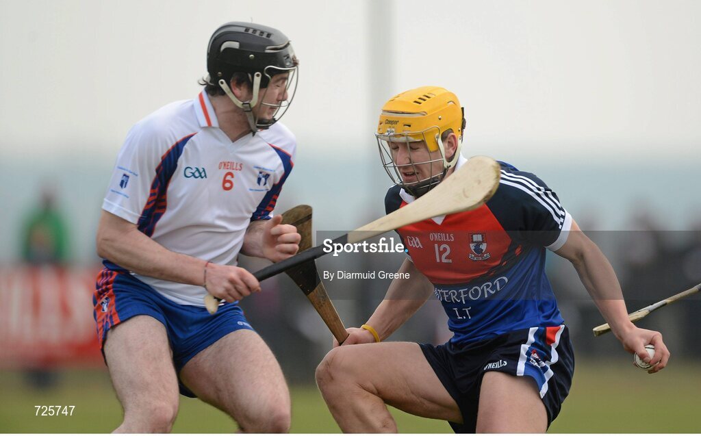 1 March 2013; Eoin Murphy, Waterford Institute of Technology, is challenged by Declan Hannon, Mary Immaculate College, Limerick. Hannon was subsequently shown a straight red card. Irish Daily Mail Fitzgibbon Cup Semi-Final, Waterford Institute of Technology v Mary Immaculate College, Limerick, Carnmore GAA Club, Carnmore, Co. Galway. Picture credit: Diarmuid Greene / SPORTSFILE